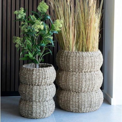 Cache-pot en jonc de mer pour grandes plantes, forme ronde (lot de 2)