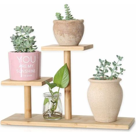 Support pour plantes d'intérieur en bambou, mini support de table à 3 niveaux en bois pour plantes succulentes, présentoir de bureau pour jardin extérieur - GetRich (1/5)