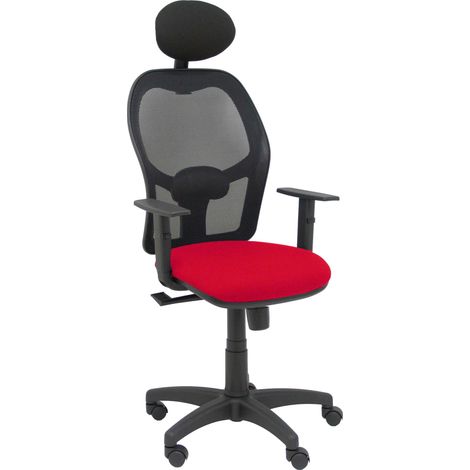 Chaise Alocén maille noire siège bali rouge accoudoirs réglables appui-tête fixe.