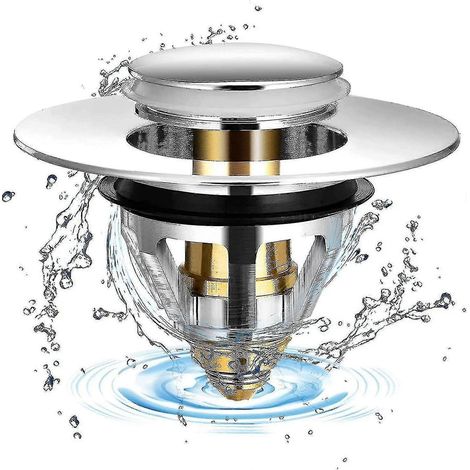 Bonde de lavabo escamotable, filtre anti-obstruction universel, bonde et vanne de baignoire en acier inoxydable, pour lavabo, cuisine ou salle de bain, trou de vidange de 34 à 40 mm. (1/5)