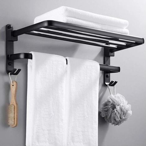 (Noir)Porte Serviette Douche Acier Inoxydable Mural Étagère Serviette Salle de Bain 59CM (1/4)
