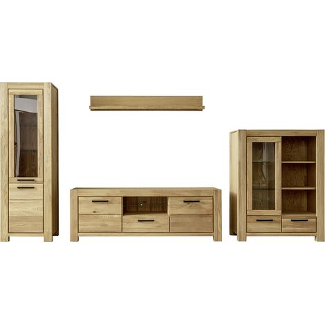 Ensemble de meubles de salon de 4 pièces: 2 vitrines 1 meuble tv 1 étagère murale, coloris chêne huilé (1/4)