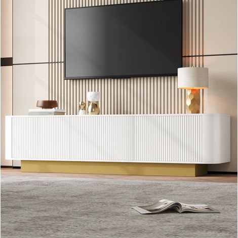 MODFU – Mueble TV 170x40,5x47 cm de MDF/aglomerado con 3 puertas, estante ajustable, pasacables y esquinas redondeadas para salón – Blanco (1/5)