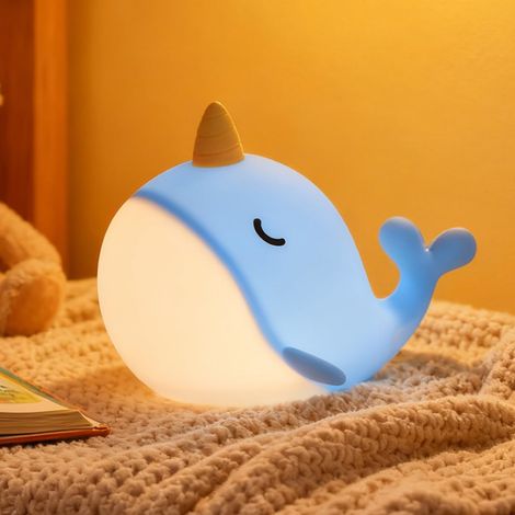 Silicone Kawaii Veilleuse Narval avec 7 Changements de Lumière Contrôle de Tap USB Recharge Fonction Minuterie Lampe de Chevet pour Chambre D'Cadeau Jouet Veilleuse (1/5)