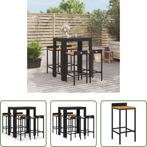 Tabouret de bar - Ensemble de bar jardin 5 pcs noir poly rotin/bois massif acacia (1/5)