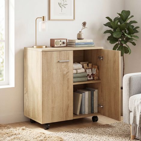 Meuble rangement buffet Bois bas roulettes 2 portes étagère interne naturel 60x35x65 cm