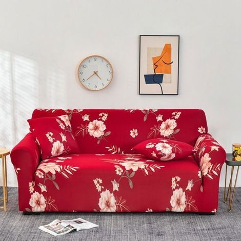 Stretch-Sofabezug für 2-Sitzer-Sofa mit Armlehnen, Blumenmuster, Rot (1/5)