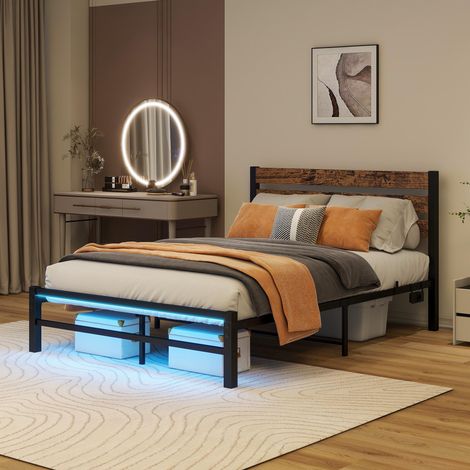 Cadre de lit 120x200cm avec tête de lit, structure métallique avec station de chargement USB, éclairage LED, support robuste en acier, rangement sous le lit, sans sommier, silencieux, montage facile