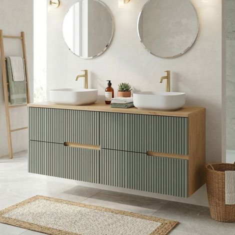 Meuble double vasque à poser L. 120 cm Chêne naturel 4 tiroirs Vert sauge cannelé EVA - sans colonne (1/5)