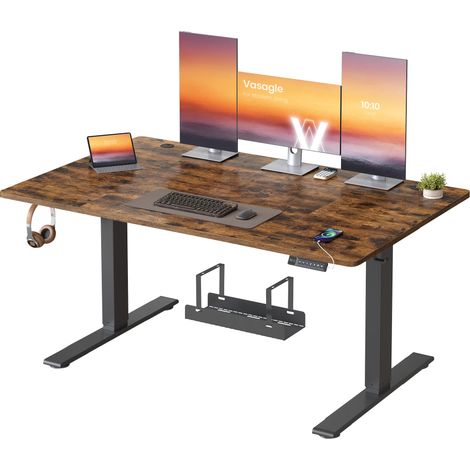 Bureau Électrique Réglable en Hauteur, 140 x 80 cm, avec Port USB-C, Support pour Multiprise, Rappel de Sédentarité, Fonction Mémoire 3 Hauteurs, Télétravail, Marron Rustique (1/5)