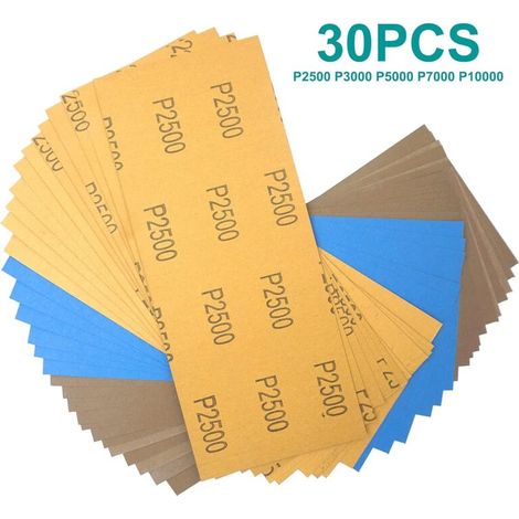 30 feuilles Papier de Verre papier abrasif grain 2500, 3000, 5000, 8000 10000 feuilles abrasives pour voiture, meubles en bois, pierre, métal, verre, 9,3 x 23 cm par feuille (1/4)