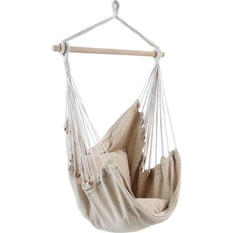 Fauteuil suspendu beige avec barre en bois et 2 coussins Sahara,