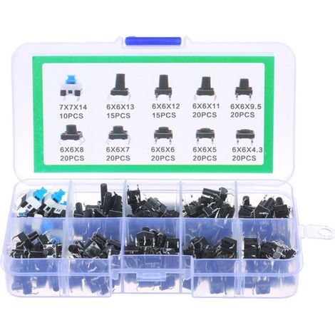 Kit d'assortiment de 180 micro-interrupteurs tactiles momentanés à bouton-poussoir, 10 valeurs, 6 x 6 mm, 4 broches (1/5)