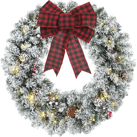 HOMCOM corona de Navidad puerta efecto nevado con 50 LED luces, guirnalda de Navidad con piñas, bayas y lazo festivo, para chimenea, pared, ventana (1/5)