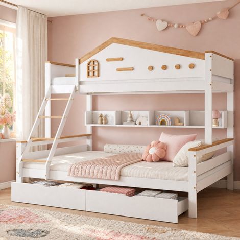 Litera infantil 90x200 y 140x200 cm de madera blanca, ahorra espacio FloraGrace (1/5)