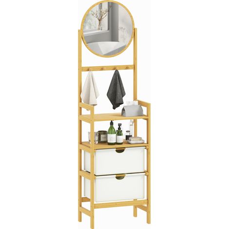 Beyamis Badezimmerregal aus Bambus mit Spiegel, 4 Haken, 2 offenen Regalböden und 2 Stoffschubladen, 48,5 x 30 x 170 cm, Natur