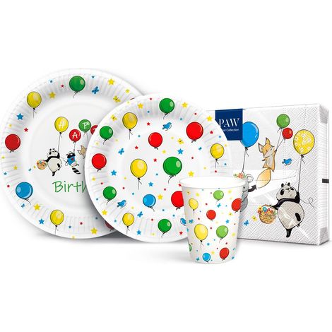 Vaisselle Jetable Anniversaire Set de Fête pour 16 Personnes, 68 Pièces 20 x Serviettes en Papier, 32 x Assiettes en Carton, 16 x Gobelets en Carton Ballons, Animaux, Anniversaire, Colorés (1/5)