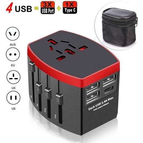 Adaptateur Voyage Universel, International Prise Universelle avec 4 USB, 4 en 1 Chargeur USB pour USA UK Australie Japon Italie Chine, Prise Monde Applicable à 224 Pays ou régions, Noire (1/4)