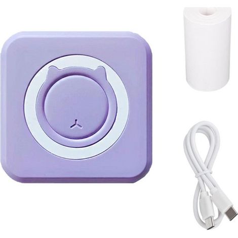 Mini impresora térmica portátil inalámbrica Bluetooth，con 3 rollos de pegatinas y 3 rollos de papel térmico，Impresora de bolsillo，etc. (Morado) (1/2)