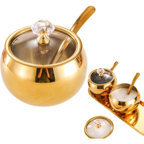 Zuccheriera in acciaio inox - con coperchio e cucchiaino - barattolo per spezie - contenitore per alimenti - 85,56 cm - per il piano della cucina - color oro (1/4)