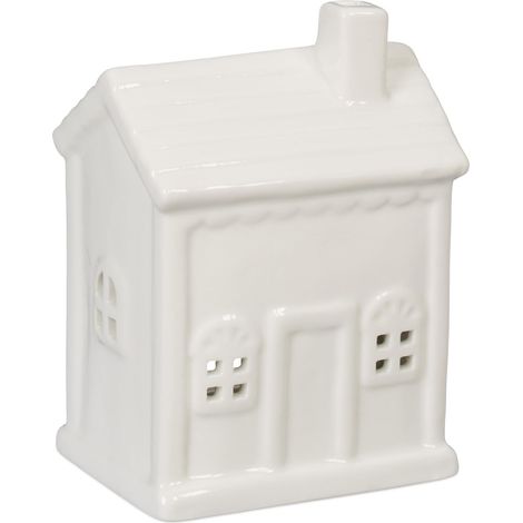 Photophore en Forme de Maison, pour 1 Bougie Chauffe-Plat, H x L x P : 12,5 x 9 x 7 cm, Blanc (1/5)
