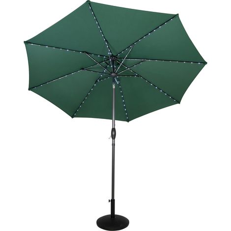 Parasol Inclinable Vert à LED Solaire 2,7 m & Socle en Béton Jardin Terrasse Extérieur Protection Aux UV Manivelle Ajustable 128 Ampoules LED Blanc Froid 8 Baleines [Housse de Pluie INCLUS]