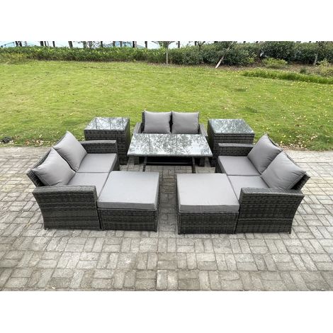 Fimous Garten Sofa im Freien Set Polyrattan Gartenmöbel Set mit Rechteckiger Esstisch 2 Seat Sofa 2 hohen Hockern 2 Beistelltischen Dunkelgrau Gemischt (1/5)