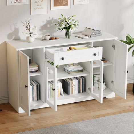 Buffet 138x40x83 cm en MDF et panneau de particules blanc avec rangement, pour salon – MEUBLIV (1/5)
