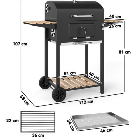 Barbecue à charbon en acier inoxydable, chariot de grill mobile avec couvercle et thermomètre, grille de cuisson, roues et poignée réglable, bac à charbon, table d'appoint pour bois, fumoir BBQ pour c (1/5)