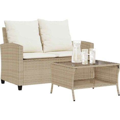 Gartensofa 2-Sitzer mit Kissen & Tisch Beige Poly Rattan