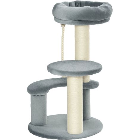Arbre à chat ludique 40 x 65 cm 3 plateformes griffoirs et corde pour jeux et repos design contemporain en peluche gris (1/5)