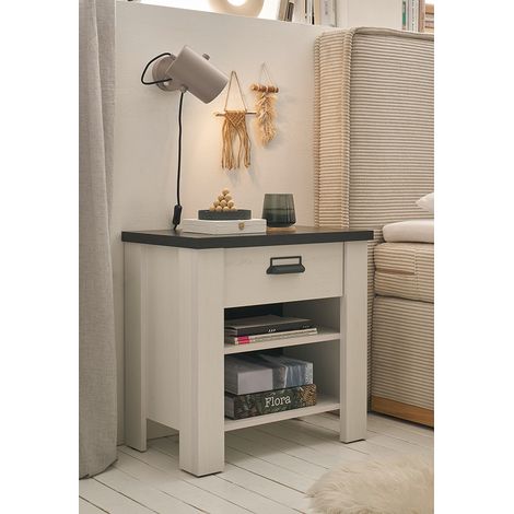 Nachtschrank SHELTON-61 in Pinie weiß mit anthrazit (1/4)