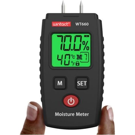 Testeur Humidité, Détecteur d'Humidité à Écran LCD avec rétroéclairage vert, Broche avec 5 Modes, Détecteur de Moisissures pour Bois et Matériaux de Construction. (1/5)