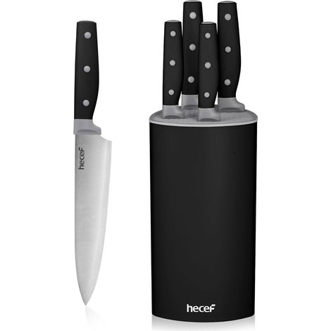 Couteau Cuisine, 6 pièces Set Couteau Cuisine en Acier Inoxydable avec poignée à triple rivets, set de couteaux de cuisine avec bloc de couteaux universel pour la maison et la cuisine (Noir) (1/5)