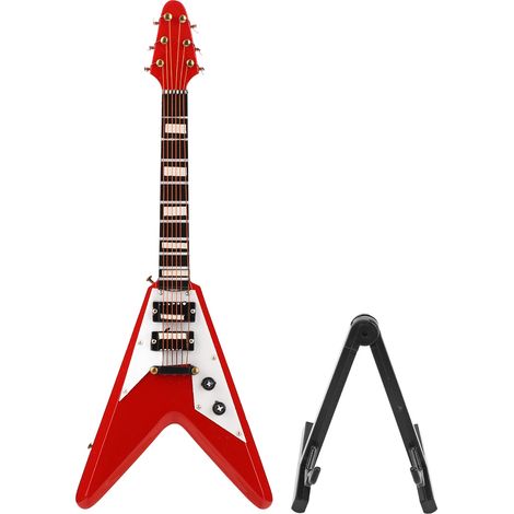 Guitare électrique miniature avec support, réplique d'instrument de musique miniature en bois rouge, modèle de décoration pour maison de poupée (1/5)