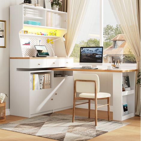 Credenza cucina 137/45/178 cm bianca con LED e piano estraibile (1/5)