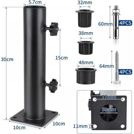 Sonnenschirmständer, Sonnenschirmrohr, verstellbarer Sonnenschirmständer aus Metall mit 3 PVC-Reduzierringen (32/38/48 mm), Sonnenschirmrohr mit 8 Stahlnägeln, Schwarz
