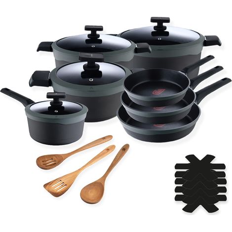 Batterie de cuisine en fonte d'aluminium - 3 poêles 28, 24 et 20cm - 1 louche 16cm - 3 ustensiles de cuisine et 1 protège-poêle (1/5)