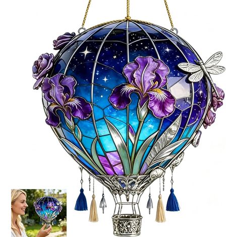 Atrapasueños con forma de globo aerostático, 20 cm, luz solar 2D de acrílico, resistente a la intemperie, decoración de jardín para patio, entrada, porche, jardín, casa de campo y ventanas, B (1/5)