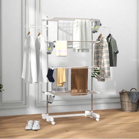 Tendedero plegable de 4 niveles 142 x 55 x 172 cm con ruedas y alas laterales DESVIAE (1/5)