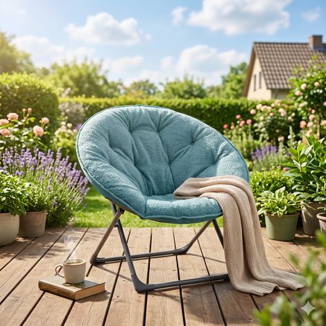 Fauteuil Lune Pliable Bleu Chaise Soucoupe Douce en Fausse Laine Chaise Relax Portable pour Chambre Dortoir et Espace Détente
