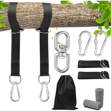 Lot de 2 crochets de fixation pour balançoire, hamac, fauteuil suspendu, avec 2 coussins de protection pour arbre et mousquetons, anneaux en D, pivotants, sac de transport, charge de 500 kg (1,5 m) (1/5)