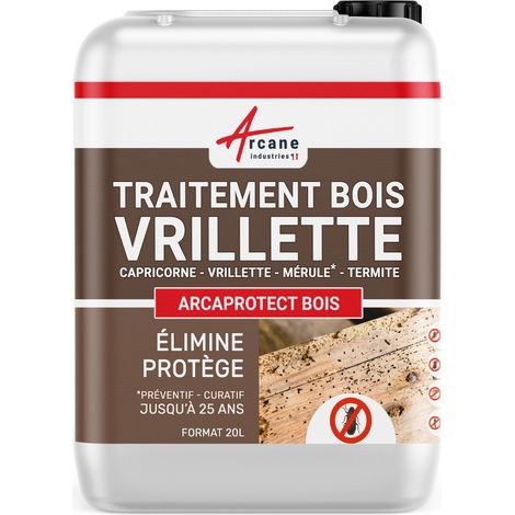 Arcane Industries – Traitement du bois contre vrillettes – 20 L – Action préventive et curative – Incolore, compatible avec toutes finitions