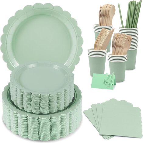 Set de vaisselle festif, comprenant des assiettes, des gobelets, des serviettes et des pailles en papier compostable, set de pique-nique jetable (Vert gazon : 25 personnes) (1/5)