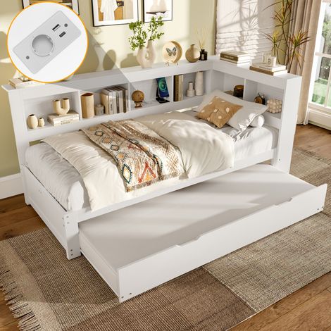 Bett 90x200 cm Weiß aus Kiefer, mit Ausziehbett, Steckdose und 2 USB-Anschlüssen (1/5)