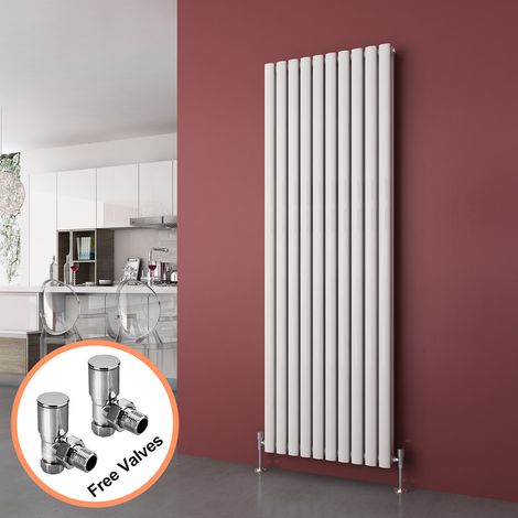 ELEGANT 1800 x 590 mm Vertical Column Designer Radiator Double Oval Panel White Central Heating Radiators + Angled Radiator Valves (1/5)