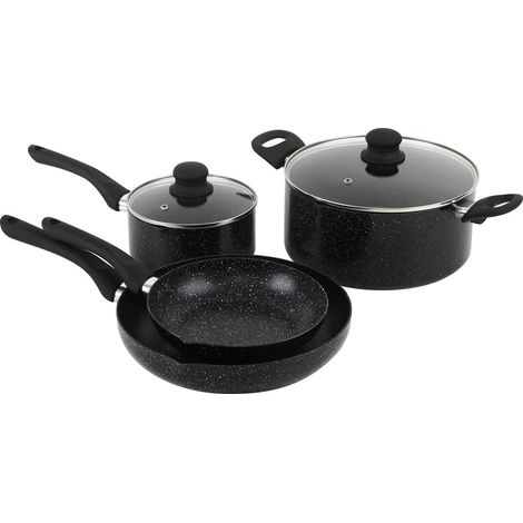 Batterie de cuisine 6 pcs - 2 poêles + 2 casseroles en fonte d'aluminium anti-adhésif anti-rayures sans PFOA + 2 couvercles verre trempé - tous feux dont induction - Marbre noir (1/5)