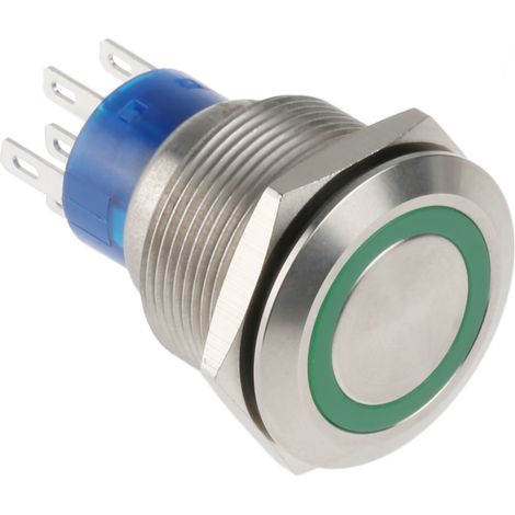 Bouton-poussoir, Momentané lumineux, LED Vert, 3 A, 5 A, Montage panneau (1/4)