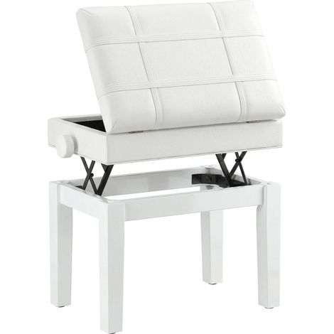 Banquette tabouret piano avec coffre intégré, hauteur réglable, bois hévéa, assise en similicuir blanc. (1/5)