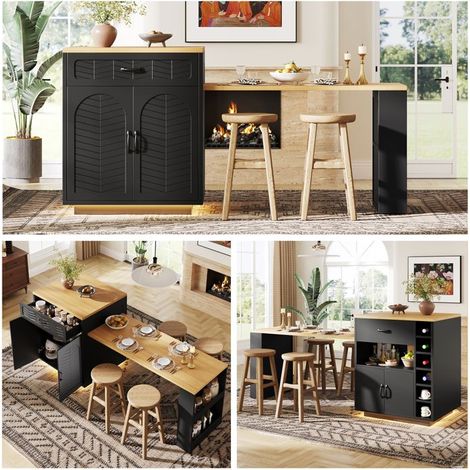 Îlot de cuisine - Modèle Noir - Table extensible 60–113 cm - Bande LED - 2 tiroirs & casier à vin (1/5)